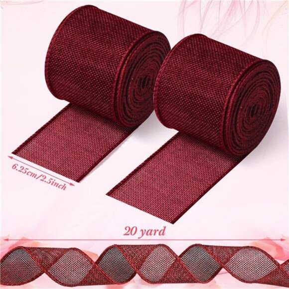 Burgundy Burlap Wired Ribbon 2 5 Inch x 10 Yards Roll for Wreaths Bows Crafts - Picture 3 of 8